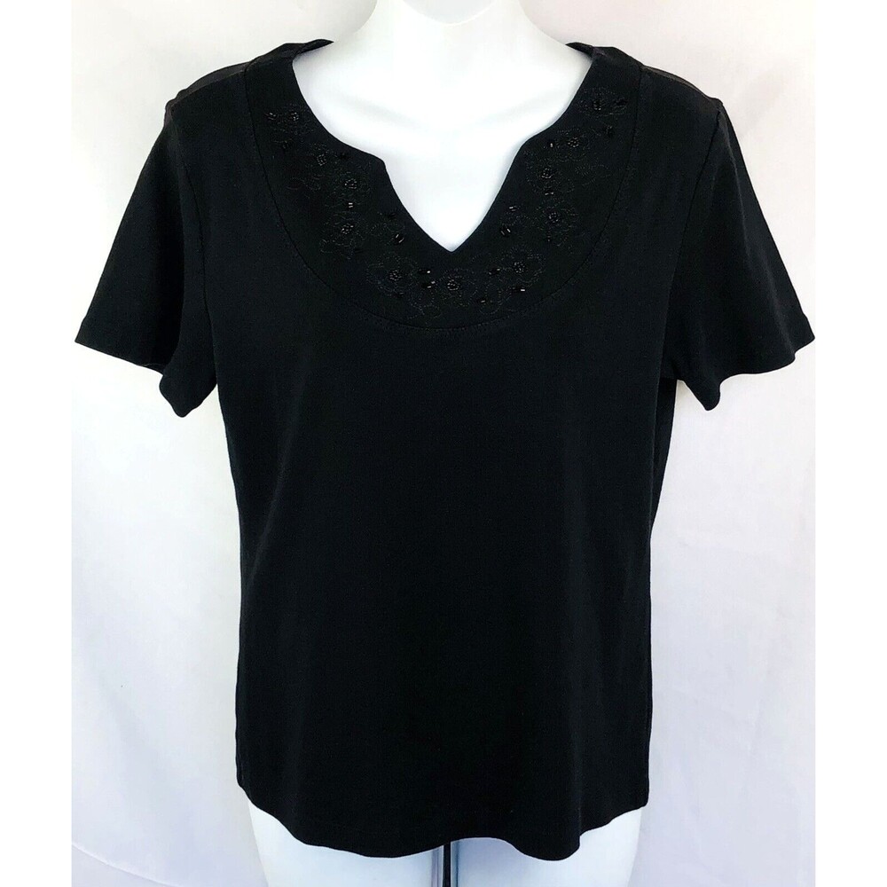 Karen Scott top blouse S black beaded V-neck short sleeve T-shirt Casual